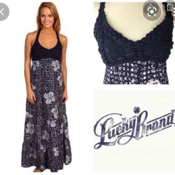Lucky Brand John Robshaw Maxi Dress Crochet Halter Floral Size Small Blue Boho - Picture 1 of 9